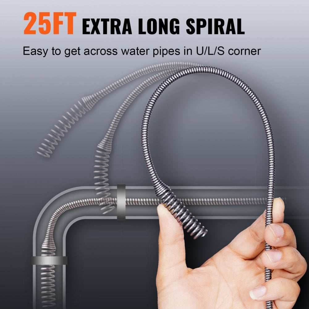 VEVOR Drain Auger 25Ft, Plumbing Snake with Drill Attachment, Plumbers Snake Drain Clog Remover for Kitchen Bathroom