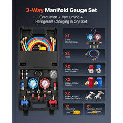 VEVOR AC Manifold Gauge Set for R134a R404A R1234yf R22 Refrigerant, 3 Way AC Gauge with 5 ft Hoses, Adapters, Quick