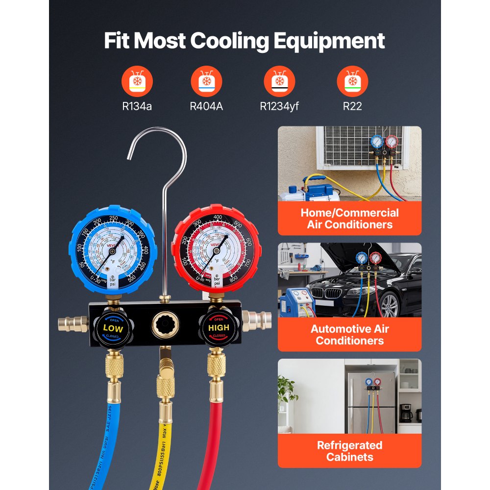 VEVOR AC Manifold Gauge Set for R134a R404A R1234yf R22 Refrigerant, 3 Way AC Gauge with 5 ft Hoses, Adapters, Quick