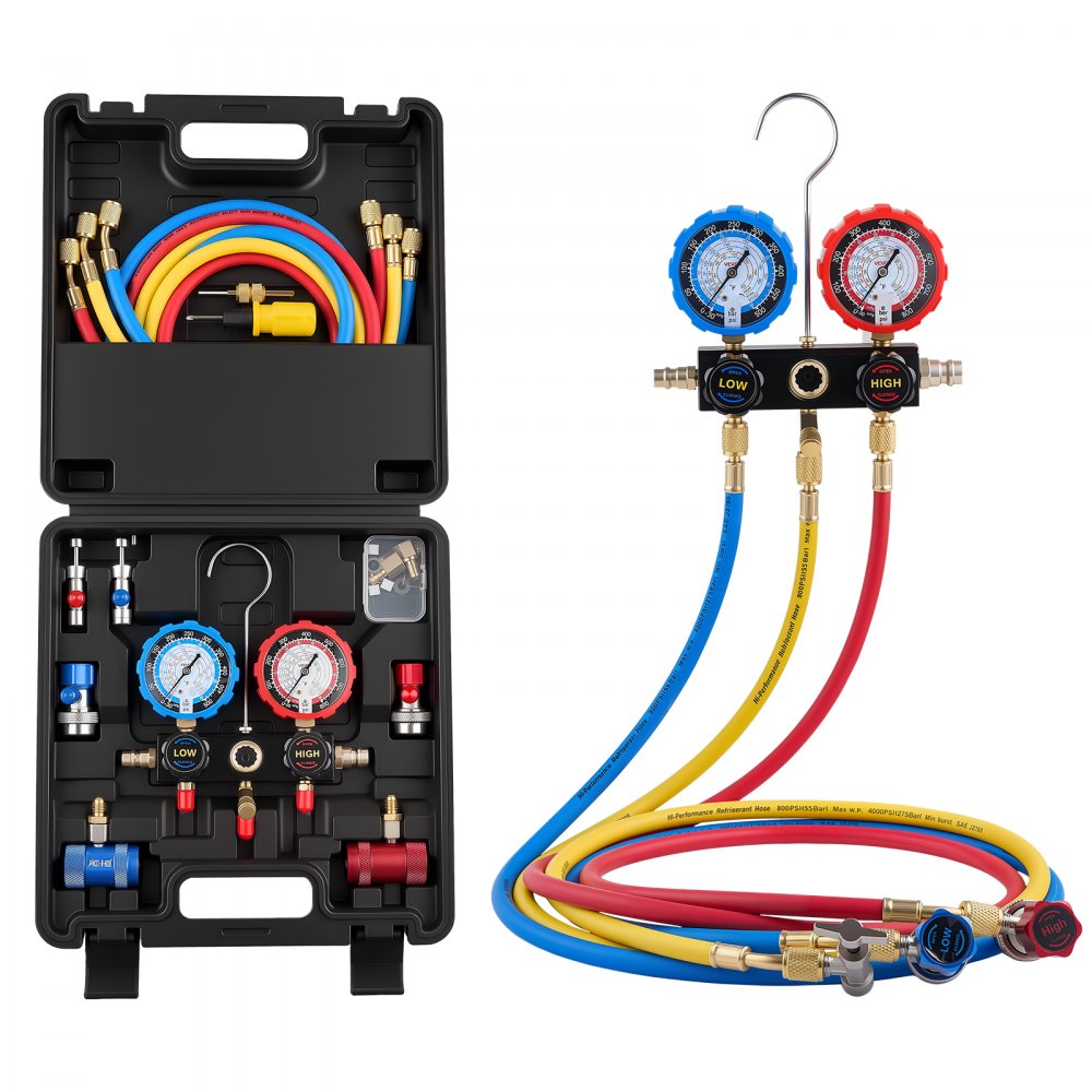 VEVOR AC Manifold Gauge Set for R134a R404A R1234yf R22 Refrigerant, 3 Way AC Gauge with 5 ft Hoses, Adapters, Quick