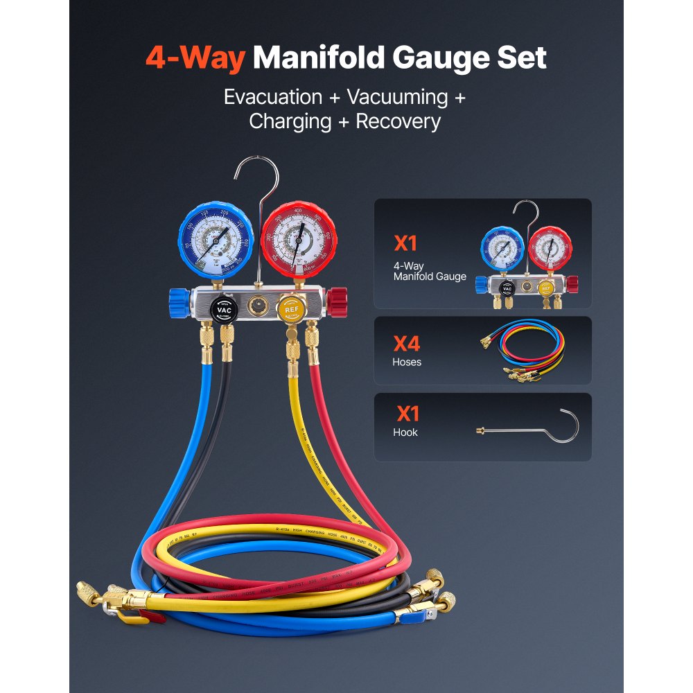 VEVOR AC Manifold Gauge Set for R22 R404A R410A R12 Refrigerants, 4 Way AC Gauges with 5 ft Hoses for Automotive &