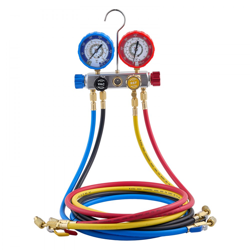 VEVOR AC Manifold Gauge Set for R22 R404A R410A R12 Refrigerants, 4 Way AC Gauges with 5 ft Hoses for Automotive &