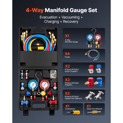 VEVOR AC Manifold Gauge Set for R134a R404A R1234yf R22 Refrigerant, 4 Way AC Gauge with 5 ft Hoses, Adapters, Quick
