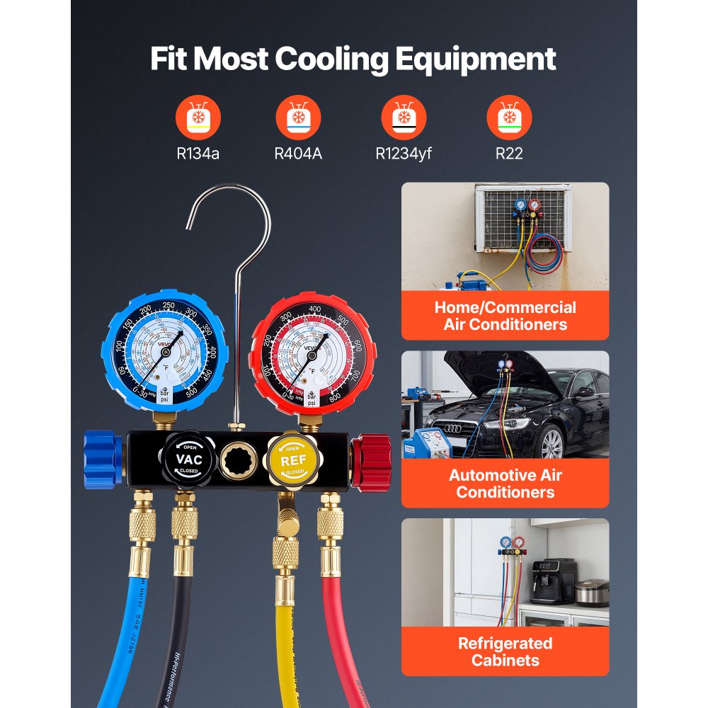 VEVOR AC Manifold Gauge Set for R134a R404A R1234yf R22 Refrigerant, 4 Way AC Gauge with 5 ft Hoses, Adapters, Quick