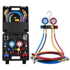VEVOR AC Manifold Gauge Set for R134a R404A R1234yf R22 Refrigerant, 4 Way AC Gauge with 5 ft Hoses, Adapters, Quick