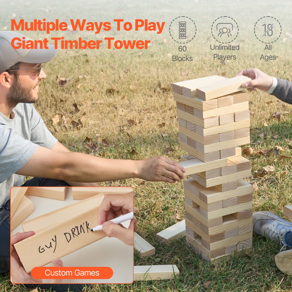 VEVOR Tumbling Timber Toy, 60 Blocks Giant Tumble Tower Blocks Game, Pine Wood Tumbling Tower Game with Storage Crate