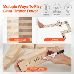 VEVOR Tumbling Timber Toy, 60 Blocks Giant Tumble Tower Blocks Game, Pine Wood Tumbling Tower Game with Carry Bag and