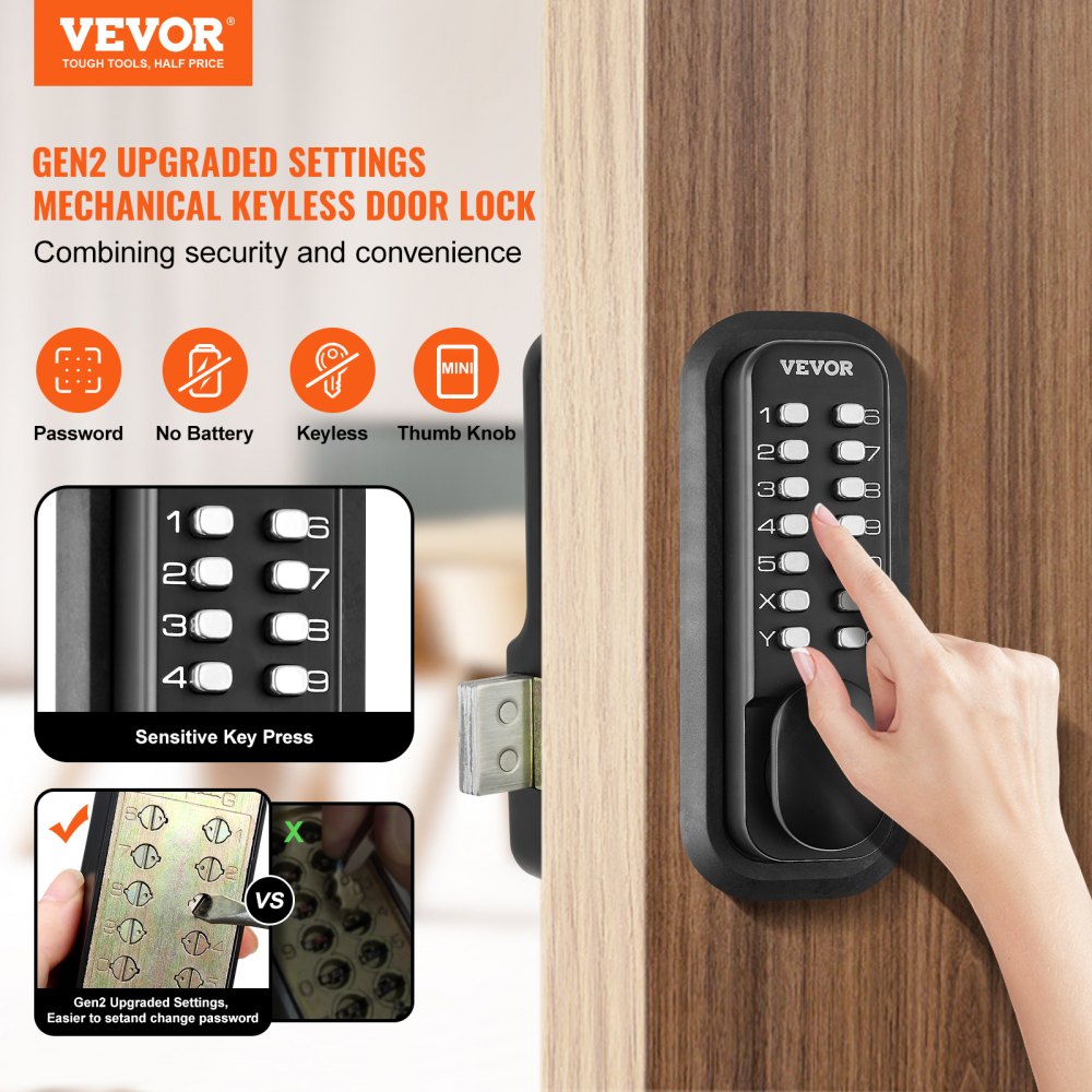 VEVOR Mechanical Keyless Entry Door Lock, 14 Digit Keypad, Outdoor Gate Door Locks Set with Surface-mounted Latch