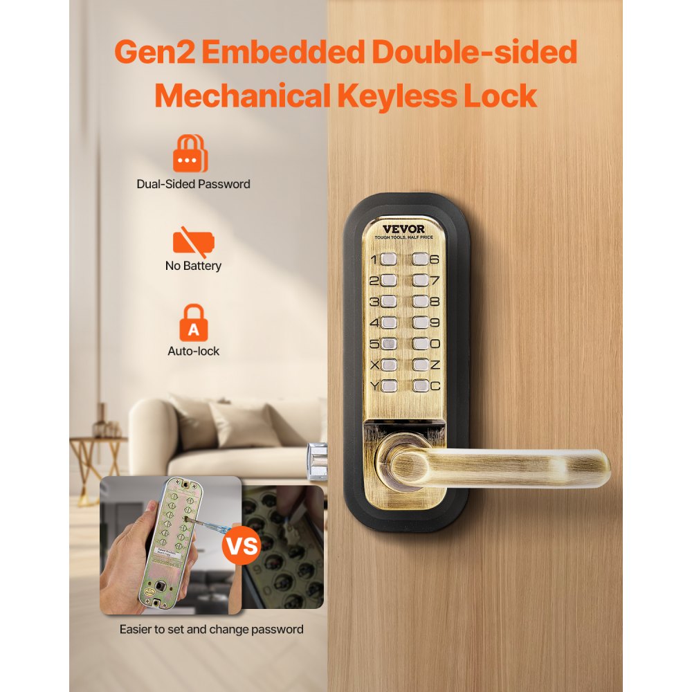 VEVOR Mechanical Keyless Entry Door Lock, 14 Key Mechanical Door Lock, Mechanical Keypad Door Lock with Handle