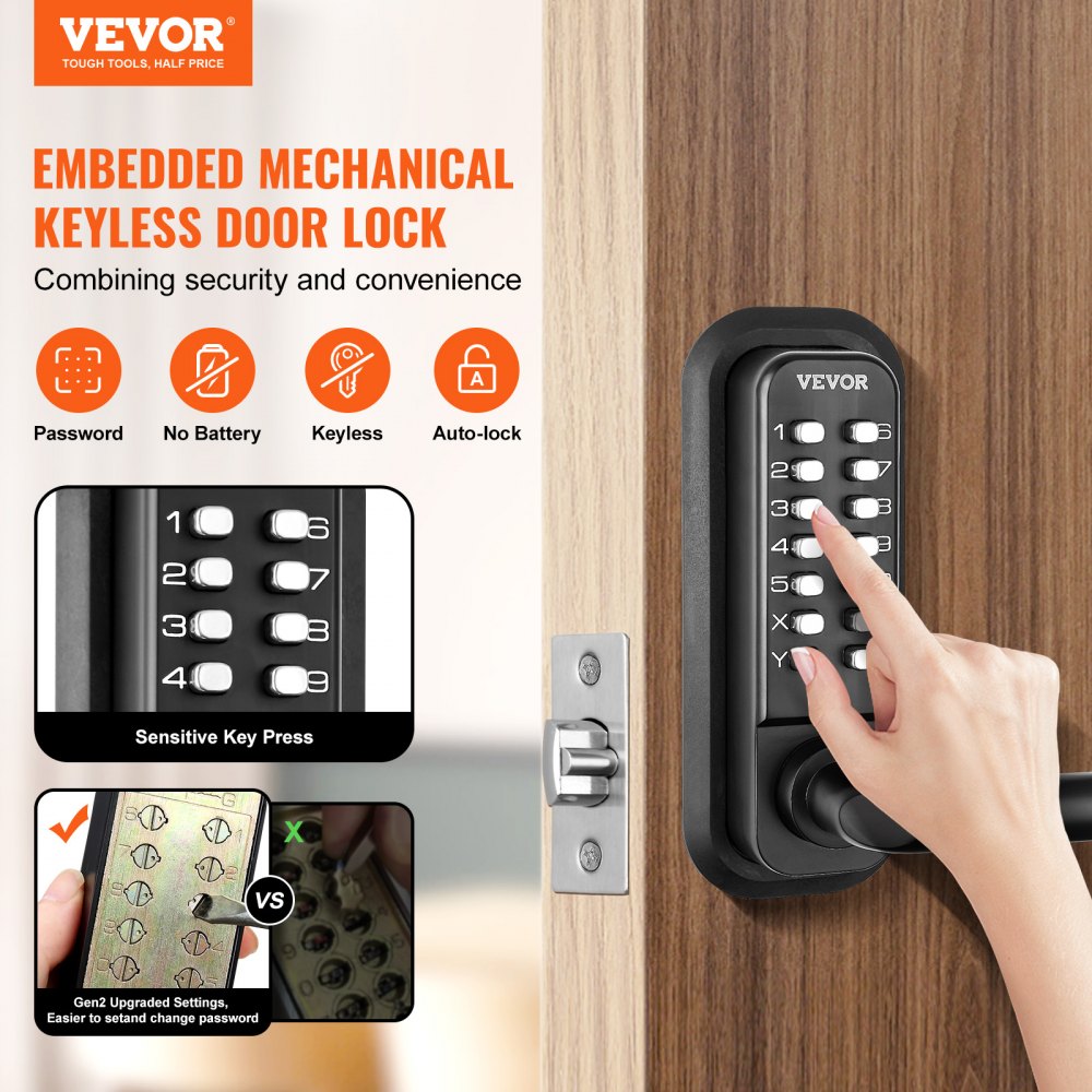 VEVOR Mechanical Keyless Entry Door Lock, 14 Digit Keypad, Embedded Outdoor Gate Door Locks Set with Keypad and Handle