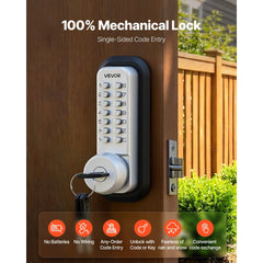 VEVOR Mechanical Keyless Entry Door Lock, 2.0 Code Upgrade, 4-7 Digits Code, Single-Sided Push Button Combination