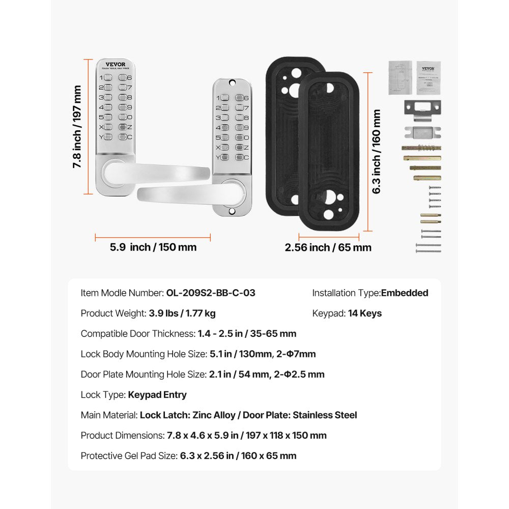 VEVOR Mechanical Keyless Entry Door Lock, 14 Key Mechanical Door Lock, Mechanical Keypad Door Lock with Handle