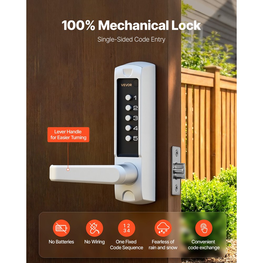 VEVOR Mechanical Keyless Entry Door Lock, 2.0 Code Upgrade, 5 Digits Code, Single-Sided Push Button Combination Keypad