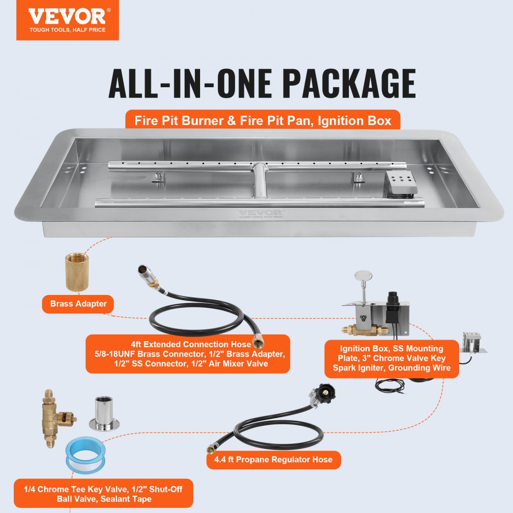 VEVOR 24 x 8 inch Drop-in Fire Pit Pan, Rectangular Stainless Steel Fire Pit Burner Kit, Propane Gas Fire Pan 120,000