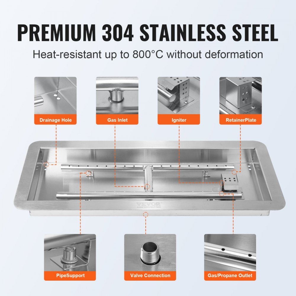VEVOR 24 x 8 inch Drop-in Fire Pit Pan, Rectangular Stainless Steel Fire Pit Burner Kit, Propane Gas Fire Pan 120,000