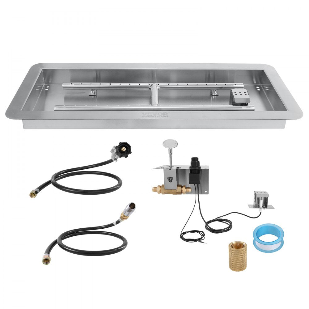 VEVOR 36 x 12 inch Drop-in Fire Pit Pan, Rectangular Stainless Steel Fire Pit Burner Kit, Natural & Propane Gas Fire