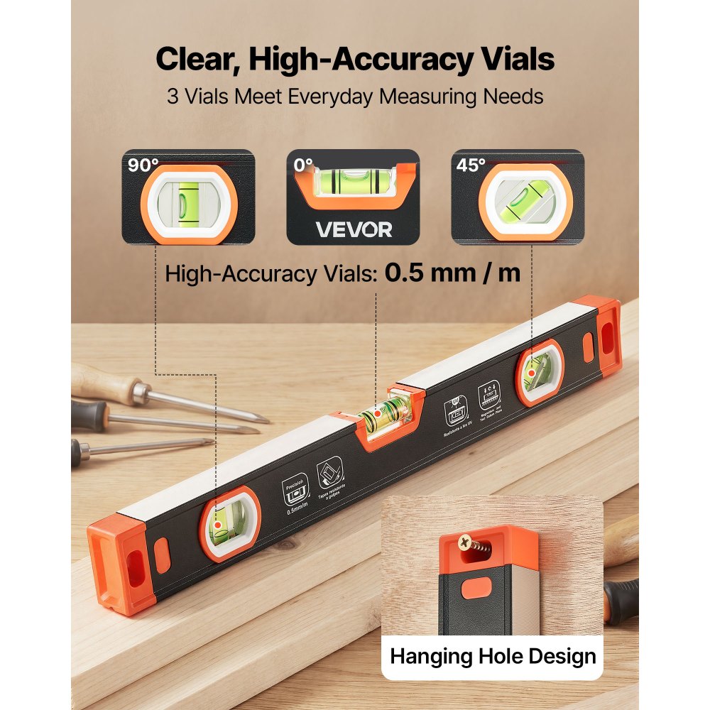 VEVOR Torpedo Level, 3-Piece Included 9/16/24 in, Magnetic Leveler Tool Set Aluminum Alloy, with Clear 3 Green Vials