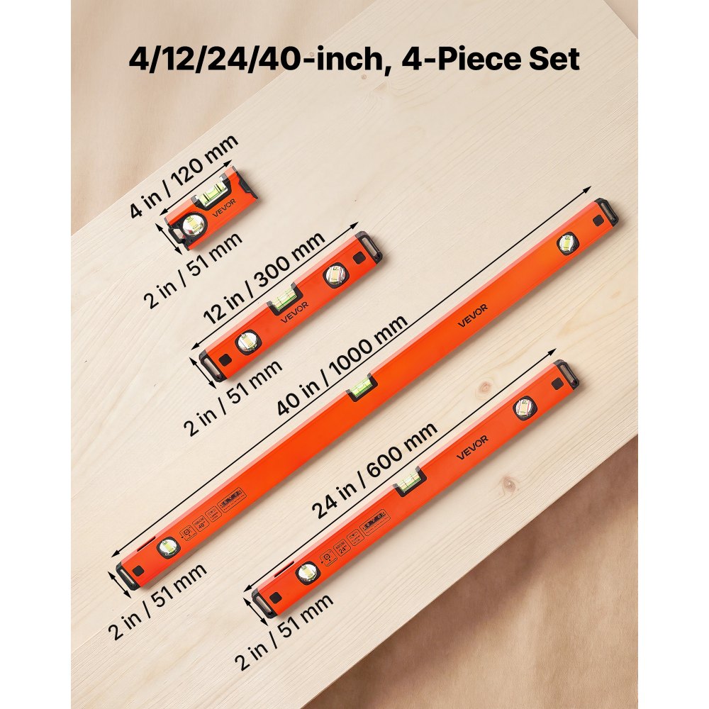 VEVOR Torpedo Level, 4-Piece Included 4/12/24/40 in, Magnetic Leveler Tool Set Aluminum Alloy, with Clear 3 Green