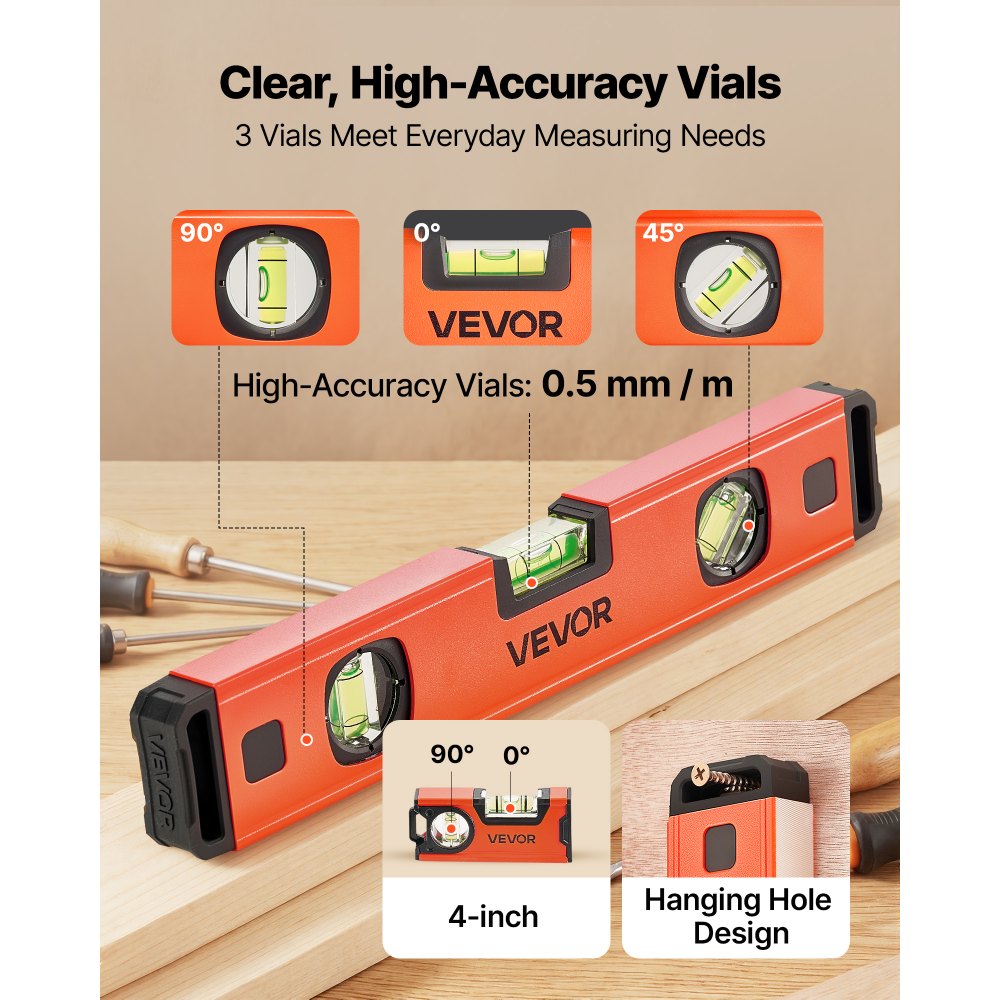 VEVOR Torpedo Level, 4-Piece Included 4/12/24/40 in, Magnetic Leveler Tool Set Aluminum Alloy, with Clear 3 Green