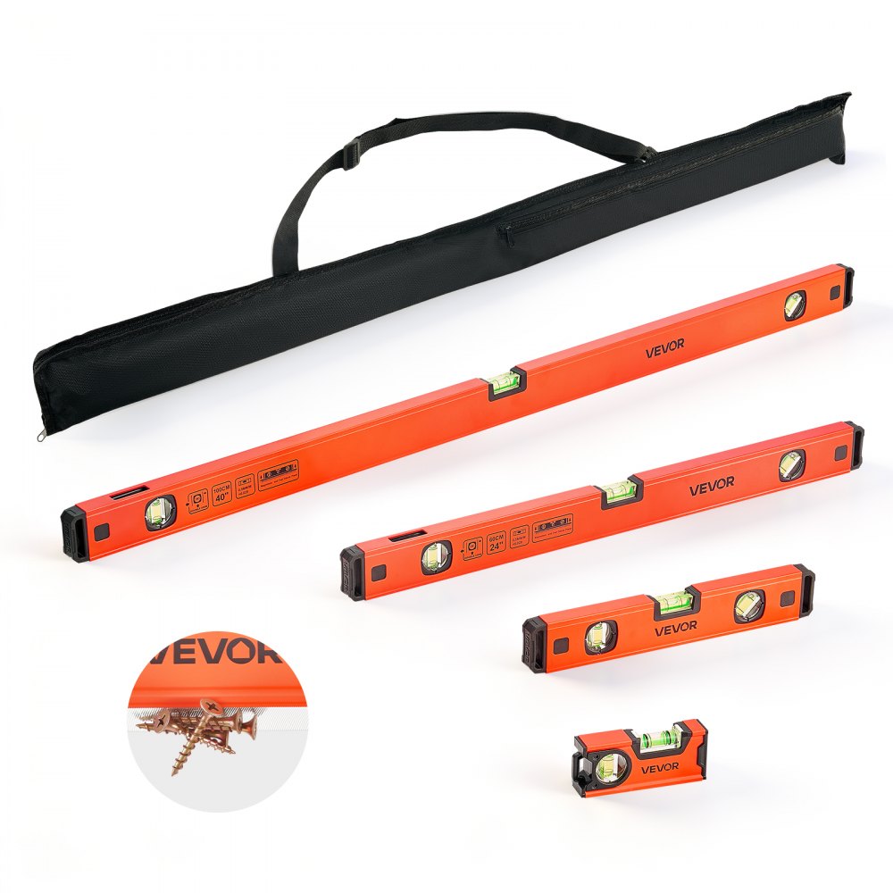 VEVOR Torpedo Level, 4-Piece Included 4/12/24/40 in, Magnetic Leveler Tool Set Aluminum Alloy, with Clear 3 Green
