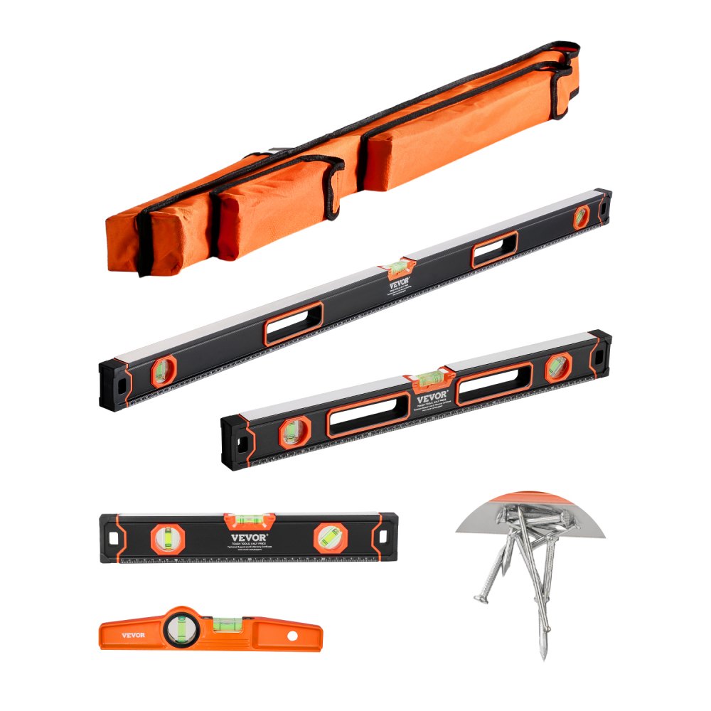 VEVOR 4-Piece Torpedo Level, 48/24/16/10 Inch All Magnetic Levels Set, Fluorescent Light Up Bubble Vials Ruler for