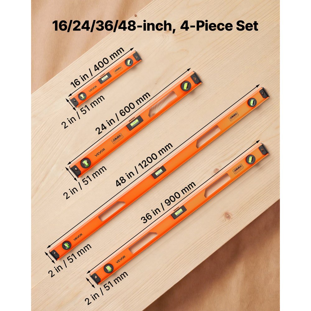 VEVOR Magnetic Level Set, 4-Piece Included 16/24/36/48 in, Aluminum Alloy I-Beam Bubble Leveler with Clear 3 Green