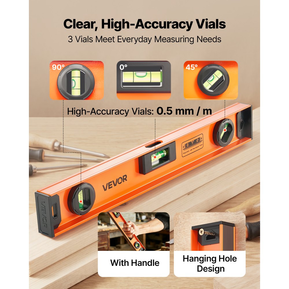 VEVOR Magnetic Level Set, 4-Piece Included 16/24/36/48 in, Aluminum Alloy I-Beam Bubble Leveler with Clear 3 Green