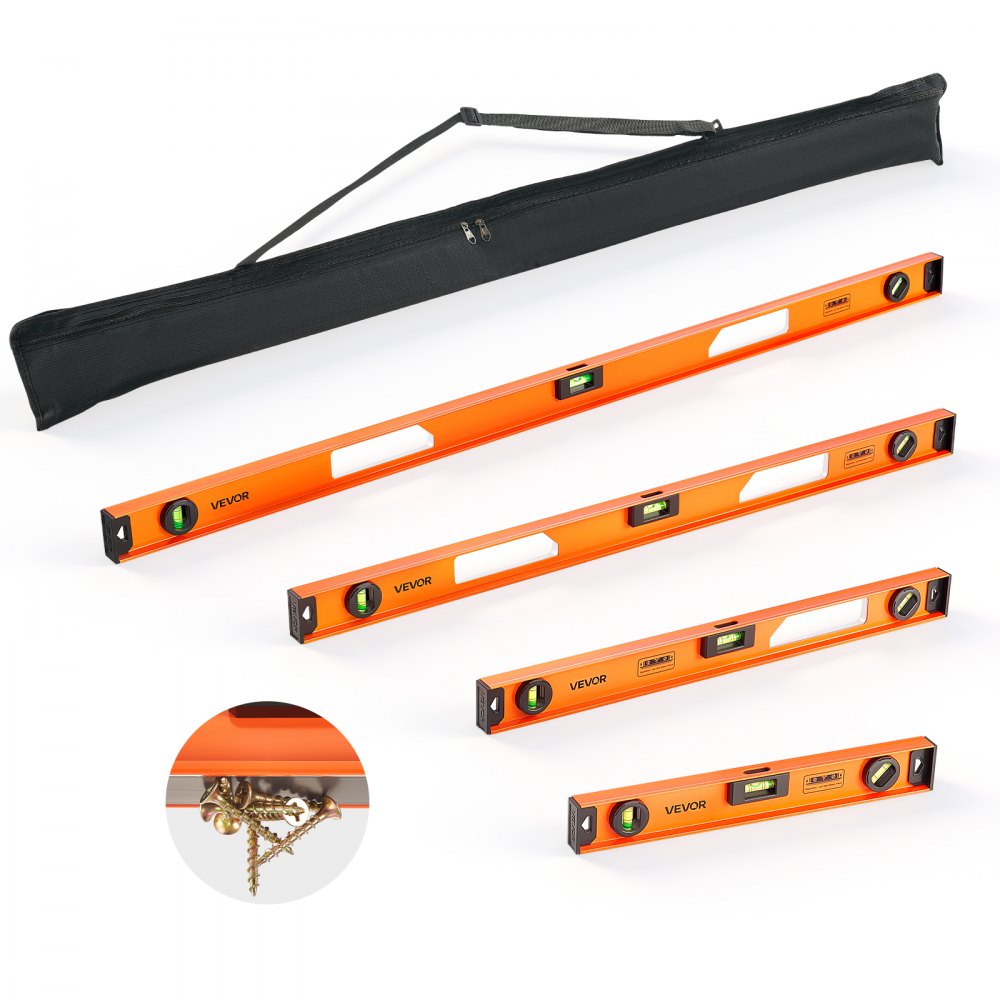 VEVOR Magnetic Level Set, 4-Piece Included 16/24/36/48 in, Aluminum Alloy I-Beam Bubble Leveler with Clear 3 Green