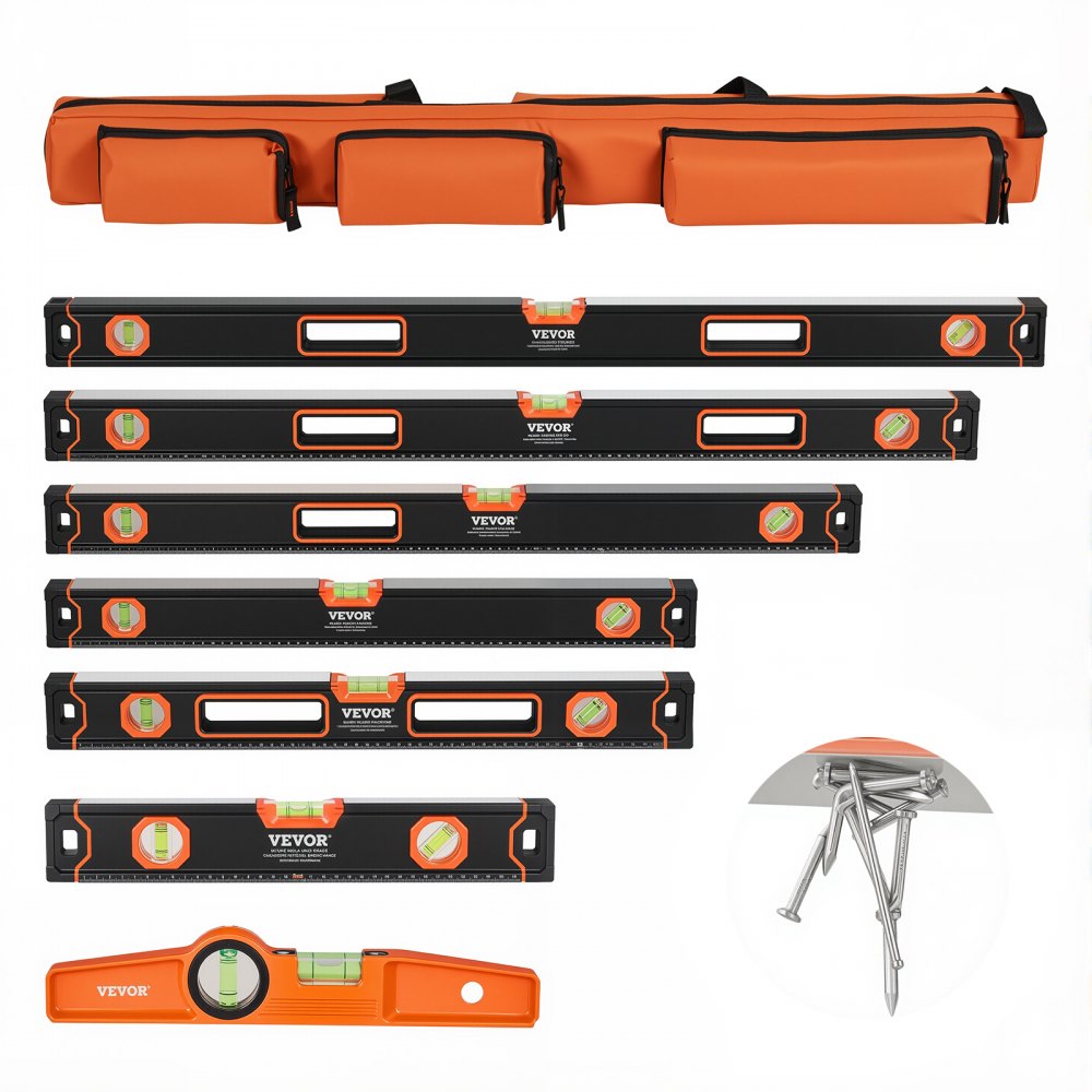 VEVOR 6-Piece Torpedo Level, 78/48/32/24/16/10 Inch Box Levels Set, Bubble Vials Ruler for 45/90/180 Degree