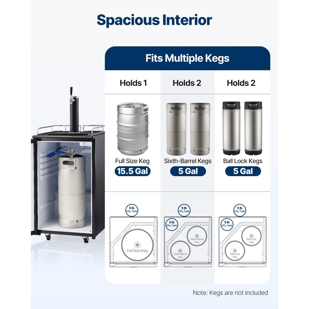 VEVOR Beer Kegerator, Single Tap Draft Beer Dispenser, Full Size Keg Refrigerator with Shelves, CO2 Cylinder, Drip Tray