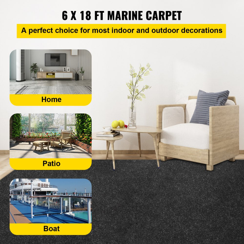 VEVOR Boat Carpet, 6 ft x 18 ft Marine Carpet for Boats, Waterproof Black Indoor Outdoor Carpet with Marine Backing