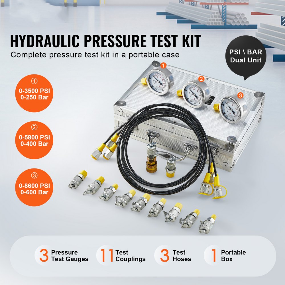 VEVOR Hydraulic Pressure Test Kit, 250/400/600bar, 3 Gauges 11 Test Couplings 3 Test Hoses, Excavator Hydraulic Test