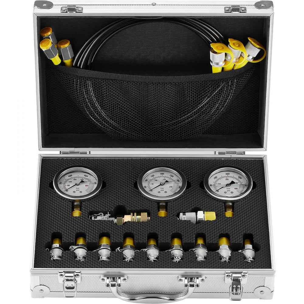 VEVOR Hydraulic Pressure Test Kit, 250/400/600bar, 3 Gauges 11 Test Couplings 3 Test Hoses, Excavator Hydraulic Test