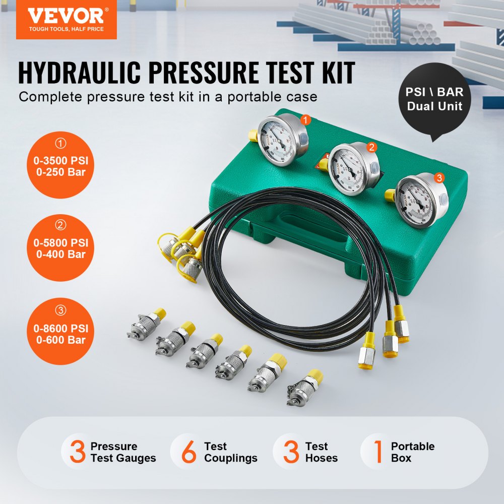 VEVOR Hydraulic Pressure Test Kit, 250/400/600bar, 3 Gauges 6 Test Couplings 3 Test Hoses, Excavator Hydraulic Test