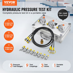 VEVOR Hydraulic Pressure Test Kit, 250/400/600bar, 3 Gauges 9 Test Couplings 3 Test Hoses, Excavator Hydraulic Test