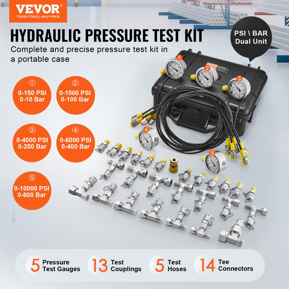 VEVOR Hydraulic Pressure Test Kit, 10/100/250/400/600bar, 5 Gauges 13 Couplings 14 Tee Connectors 5 Test Hoses