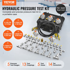 VEVOR Hydraulic Pressure Test Kit, 10/100/250/400/600bar, 5 Gauges 13 Couplings 14 Tee Connectors 5 Test Hoses