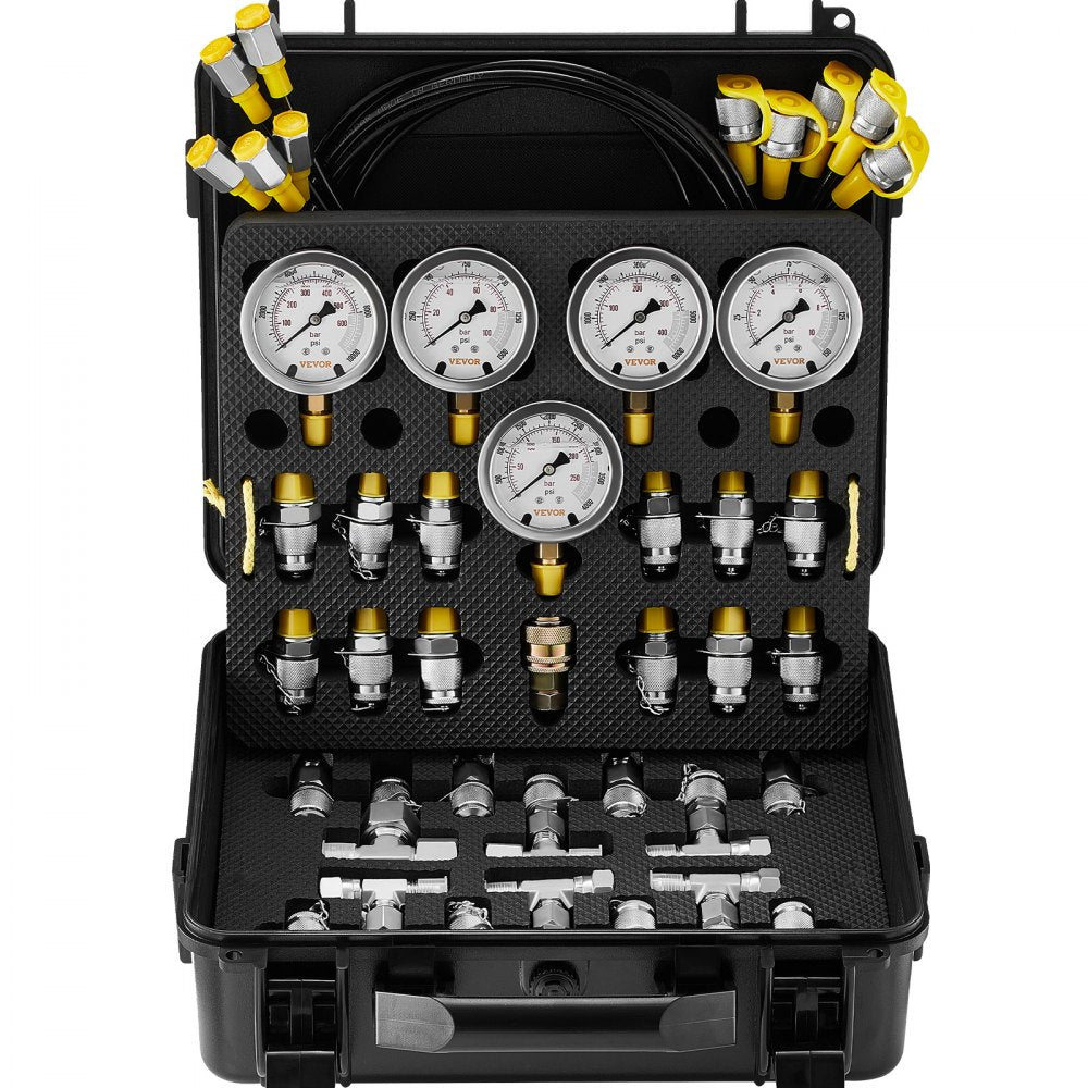 VEVOR Hydraulic Pressure Test Kit, 10/100/250/400/600bar, 5 Gauges 13 Couplings 14 Tee Connectors 5 Test Hoses