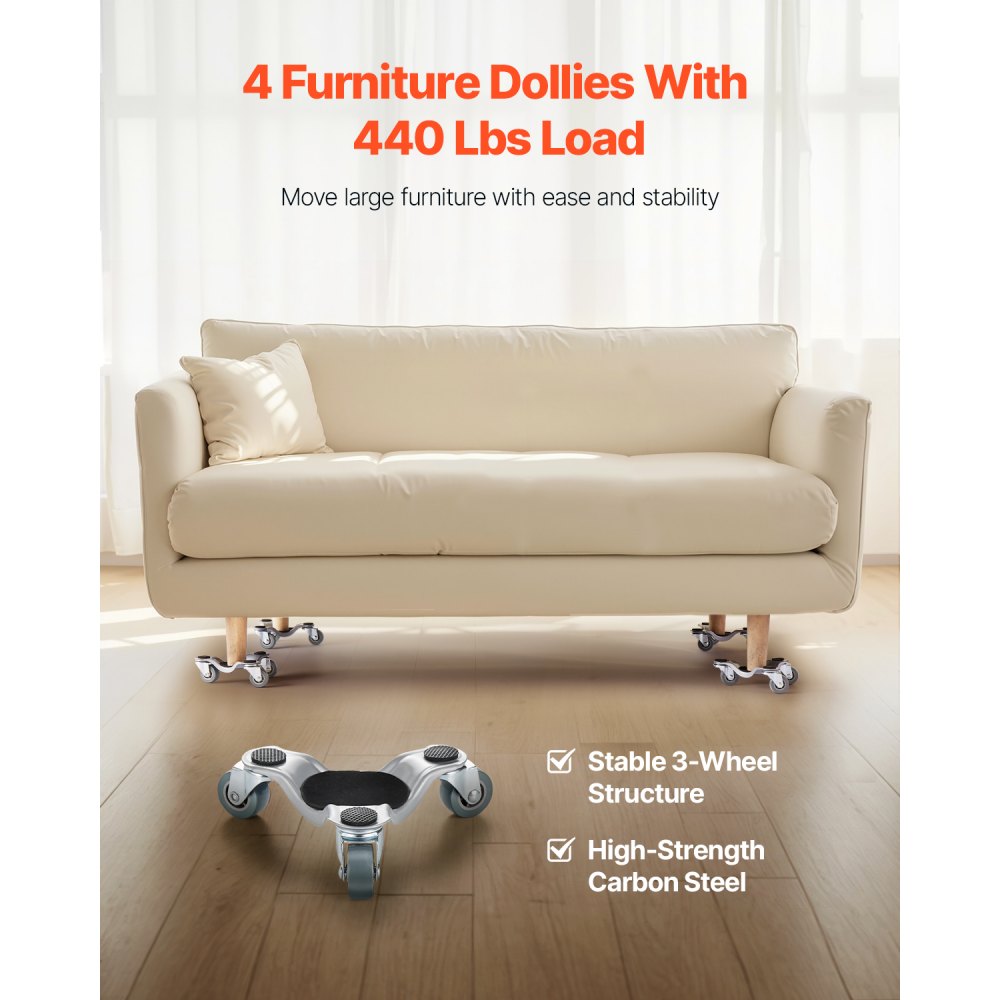 VEVOR Furniture Dolly, 440 lbs Load Capacity, 3 Wheel Steel 6.3" Tri-dolly Heavy Duty Mover with Triangle Swivel
