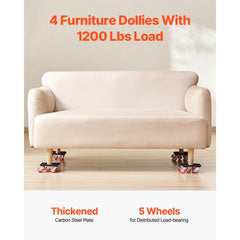 VEVOR Furniture Dolly, Maximum Load 1200 lbs, Heavy Duty Furniture Movers with 5 360° Rotation Wheels, Carbon Steel