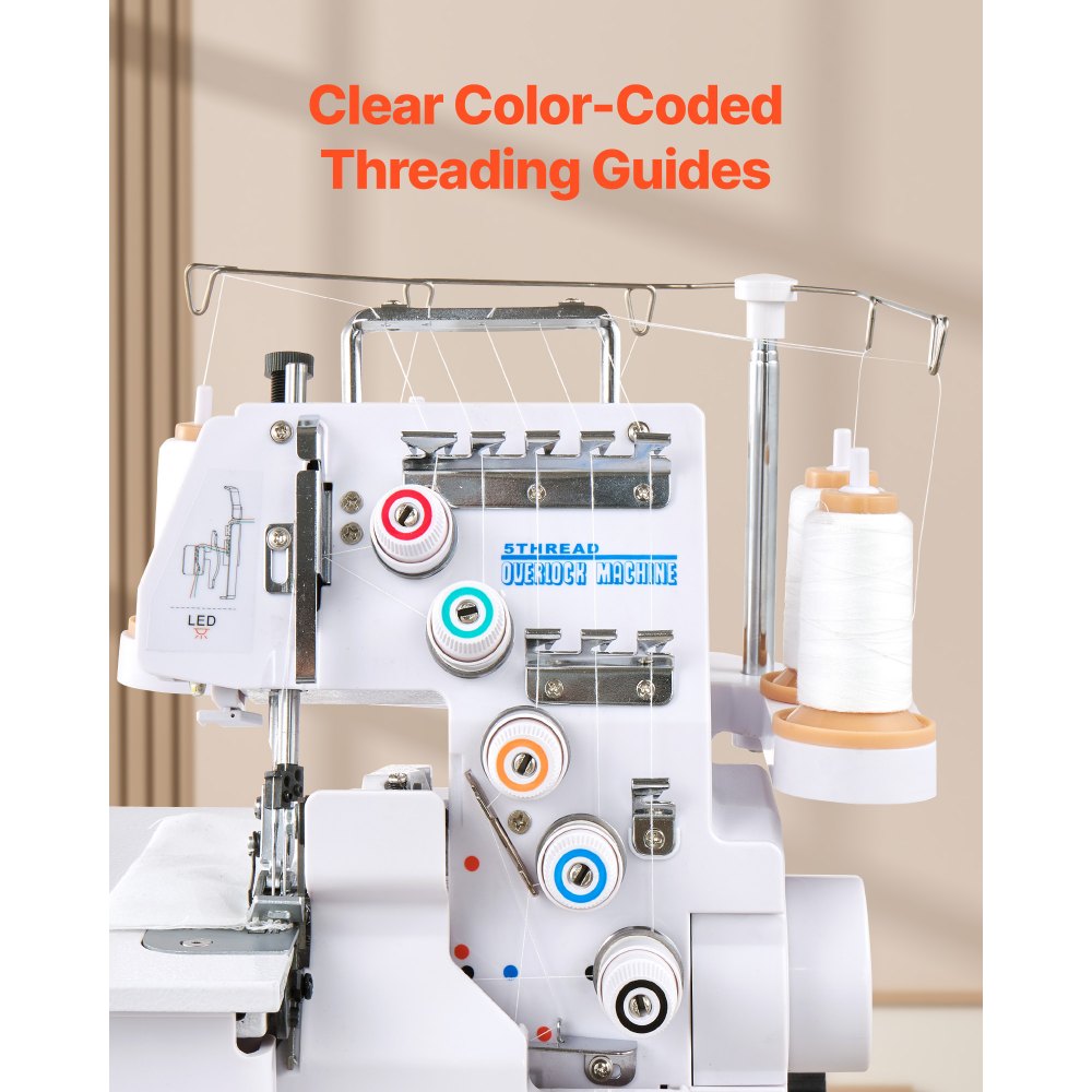 VEVOR Serger Overlock Sewing Machine, 1250 Stitches Per Minute, 2-3-5 Thread Capability, with LED Light and Strong