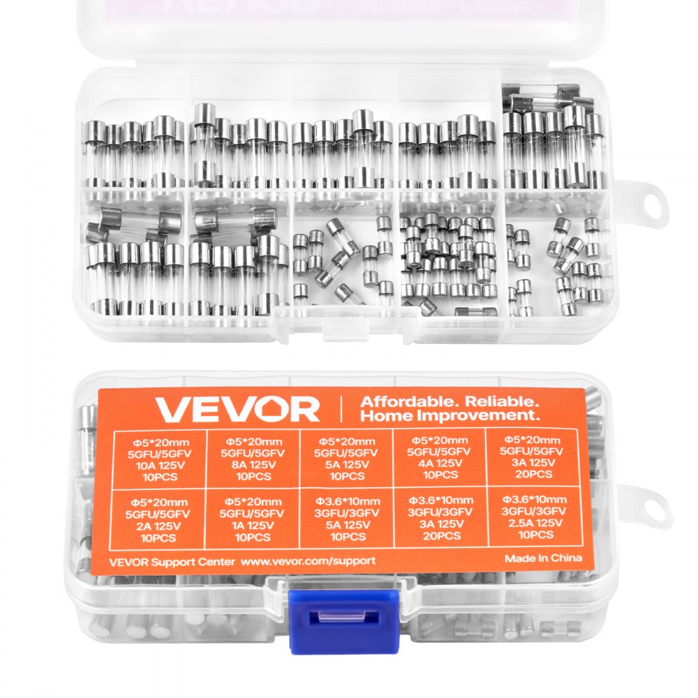 VEVOR Fast-Blow Glass Fuses Assortment Kit, 120 Pcs 125 Volt, 5 x 20 mm 1A 2A 3A 4A 5A 8A 10A, 3.6 x 10 mm 2.5A 3A 5A