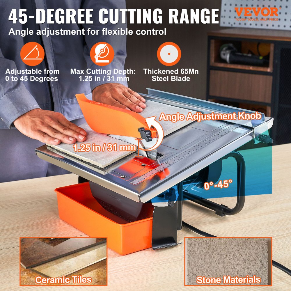 VEVOR Wet Tile Saw, 7-inch 65Mn Steel Blade, 3500 RPM Induction Motor, Tile Cutter Wet Saw with Water Reservoir, 0-45