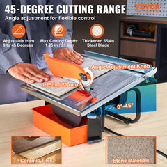 VEVOR Wet Tile Saw, 7-inch 65Mn Steel Blade, 3500 RPM Induction Motor, Tile Cutter Wet Saw with Water Reservoir, 0-45