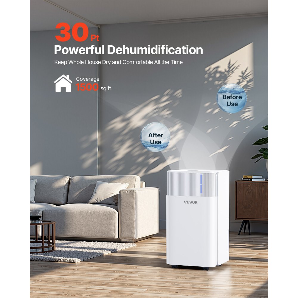 VEVOR 30 Pints Dehumidifier for Home & Basement, Drain Hose for Commercial & Industrial Use, Smart Humidity Control