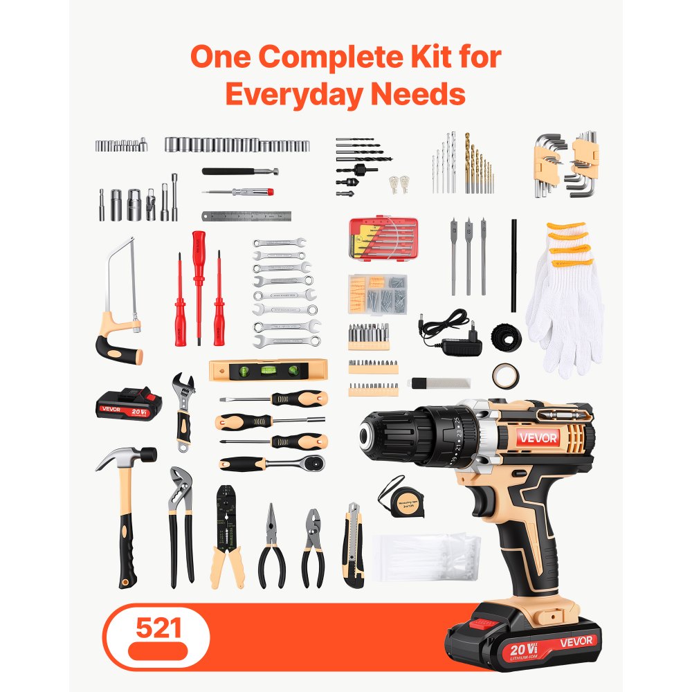VEVOR Tool Kit 521-Piece General Household Tool Kit for Home Maintenance, For Everyday House Repairs, DIY Projects