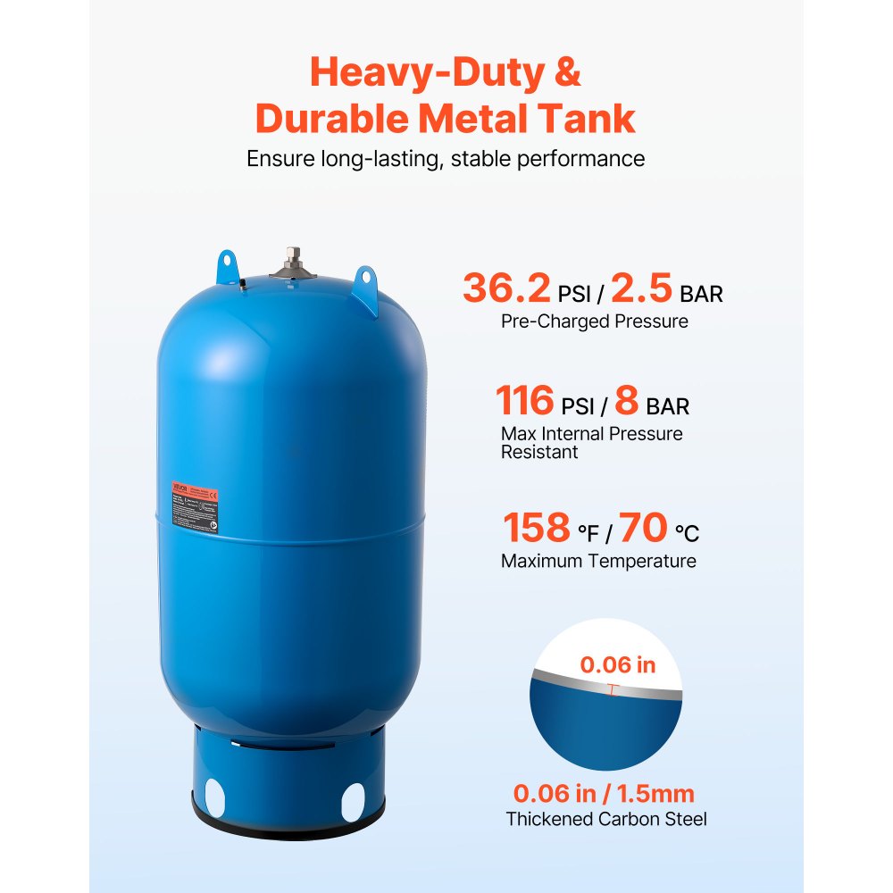 VEVOR 34-Gallon Vertical Well Pressure Tank, Pre-Charged Pressurized Water Tank for Well Pumps, Heavy-Duty Carbon Steel