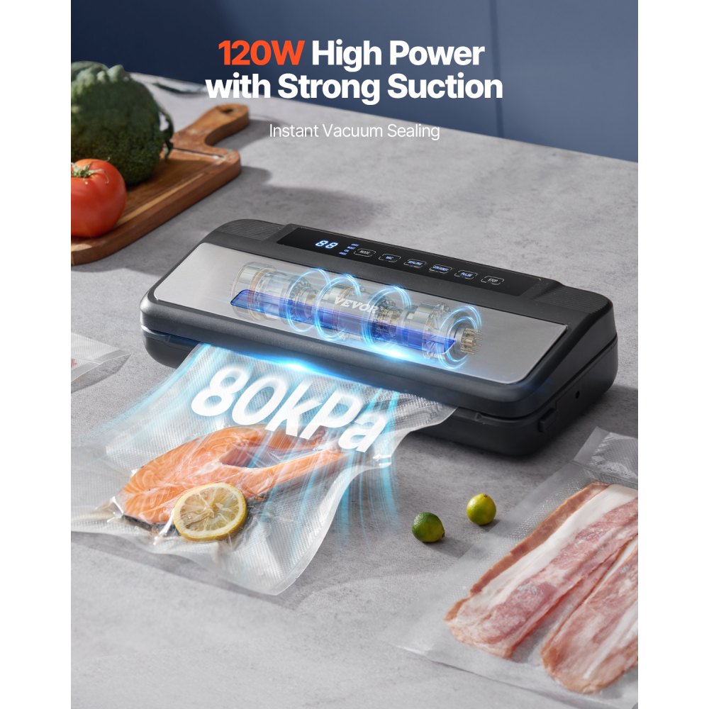VEVOR Vacuum Sealer Machine, 80Kpa 120W Powerful Compact Food Sealer, 7-in-1 Multi-Functional Food Vacuum Sealer