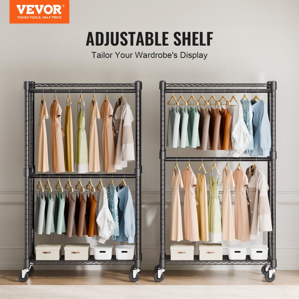 VEVOR Heavy Duty Clothes Rack, Double Hanging Rods Clothing Garment Rack with Bottom and Top Storage Tier, Rolling