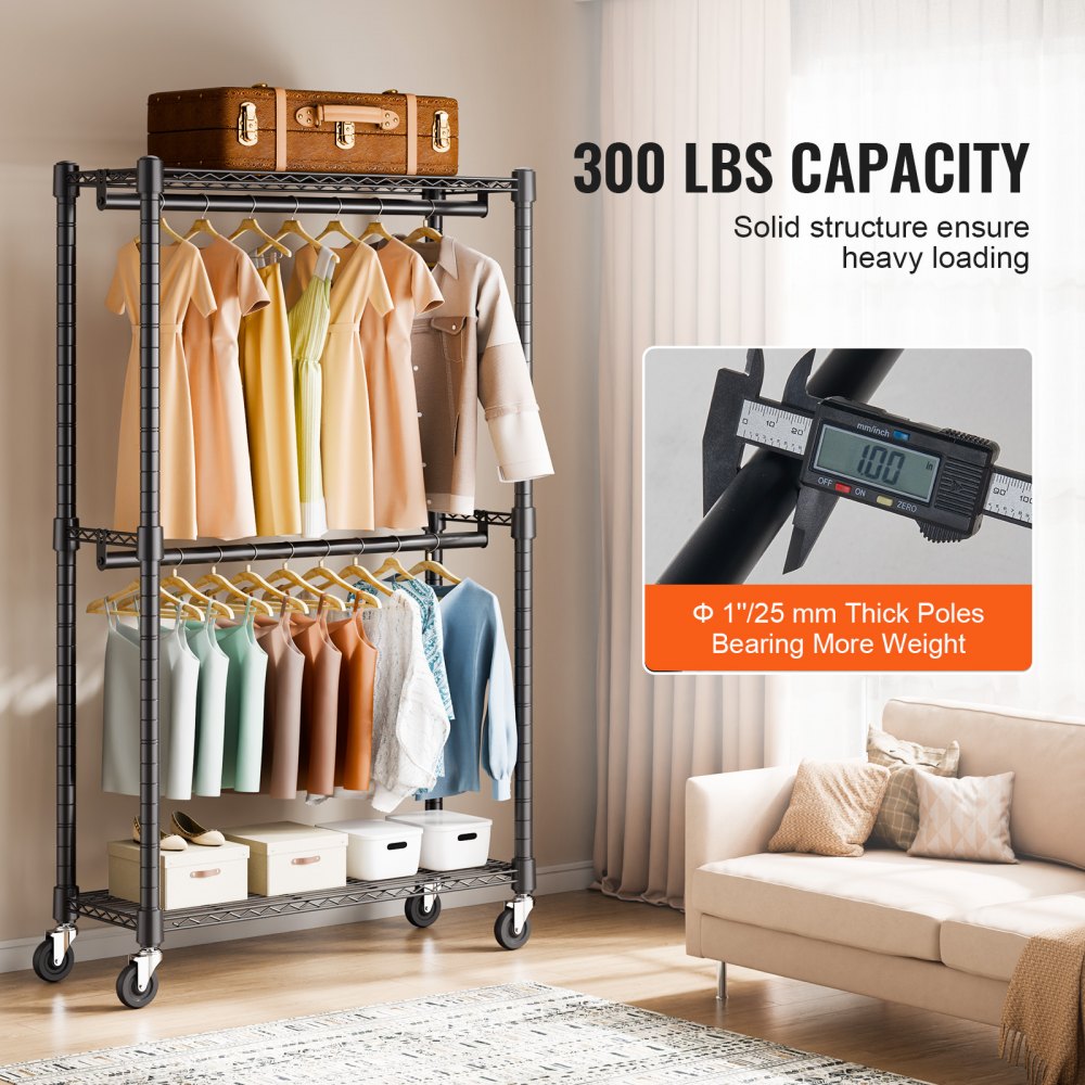 VEVOR Heavy Duty Clothes Rack, Double Hanging Rods Clothing Garment Rack with Bottom and Top Storage Tier, Rolling